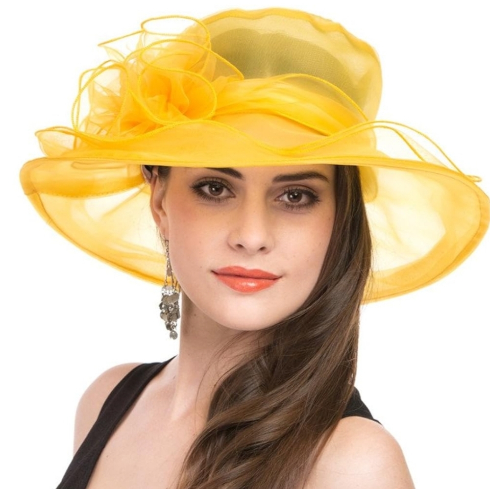 Yellow Organza Wide-Brim Women's Dress Hat - Picture 2 of 9